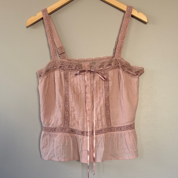 American Eagle Outfitters Tops - American Eagle Lace Pintuck Button Front Boho Tank Top Small Cami Crop Pink